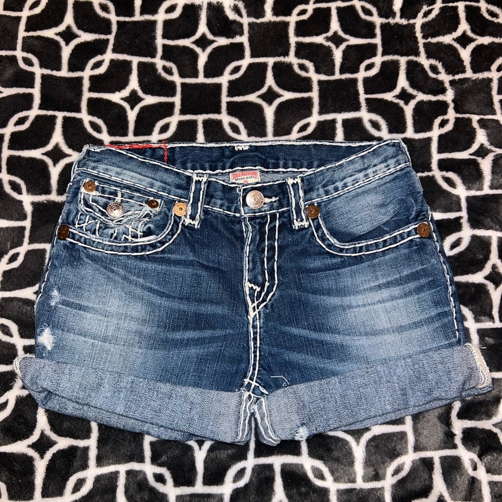 True Religion Blue Jean Shorts with White Stitching